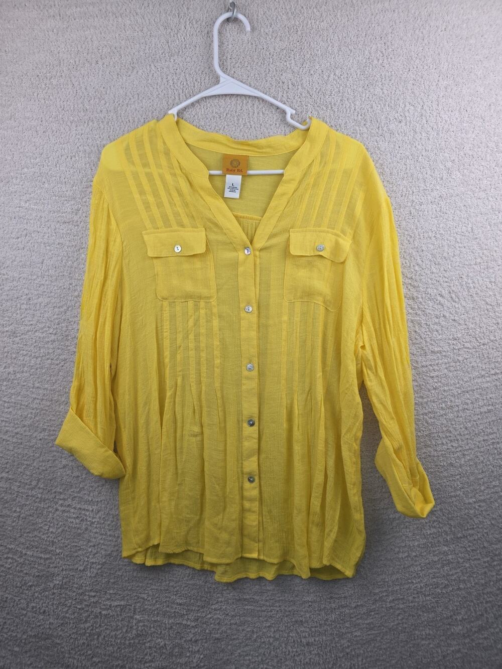 Ruby Rd. Women's Yellow Pintuck Long Sleeve Button Up Blouse Size Large